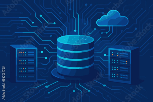 Data center and hosting server racks. Cloud computing technology. Database storage and big data processing. Digital information exchange. Abstract futuristic circuit networking vector.
