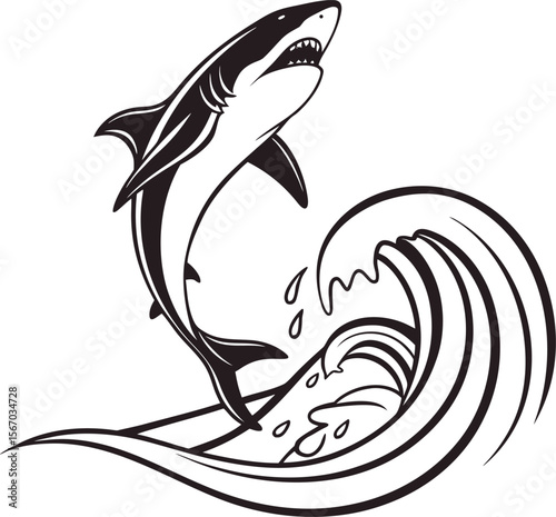 Leaping Shark Wave Design Black and White Vector Illustration