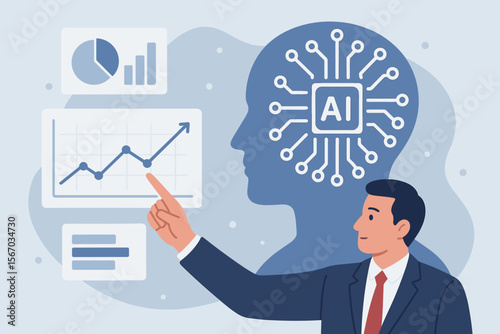 Data processing by AI, big data technology and data science concept. Businessman with artificial intelligence analyzing data, charts, and graphs for business growth and innovation.
