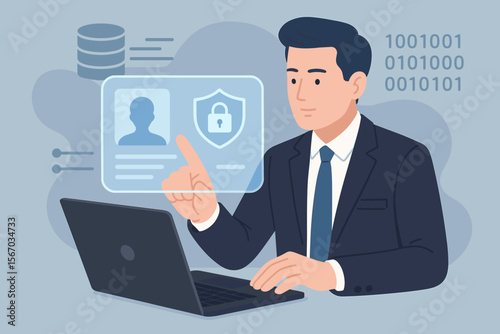 Digital identification and secure data access concept. Businessman uses laptop and virtual ID card for online authentication, login verification, and cybersecurity system protection.