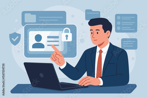 Digital identification concept. Businessman using laptop for identity verification. Secure access to personal data and database. Cybersecurity, privacy, and online authentication.