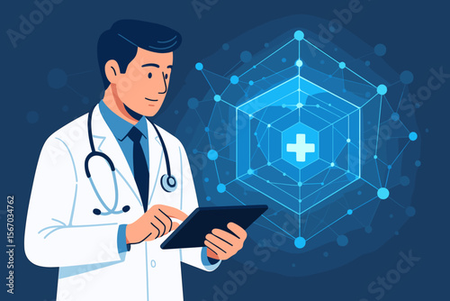 Doctor using tablet for digital healthcare. Medical network connection on hologram interface. Technology and innovation in medicine. E-health, telemedicine, and medical research concept.
