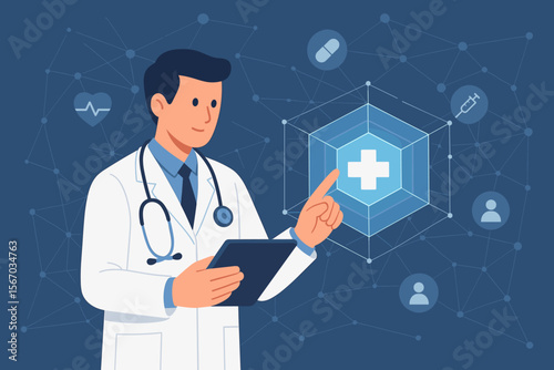 Doctor using tablet with digital medical interface. Futuristic healthcare and network connection on hologram. Technology innovation. Medical research, AI, telemedicine concept.