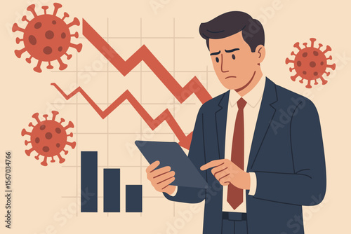 Economic crisis concept. Businessman analyzing financial chart on tablet. Global economy downturn and stock market crash due to coronavirus pandemic. Recession and investment loss.
