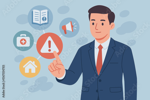 Emergency preparedness plan concept. Businessman touching virtual screen with warning icon for safety strategy, risk management, business continuity, and disaster response plan.