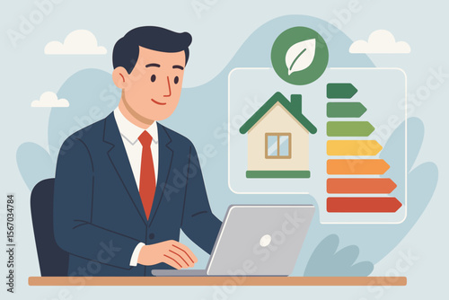 Energy efficiency audit concept with businessman using laptop for house rating. Green home certification and eco friendly building technology for sustainable power consumption. Label.