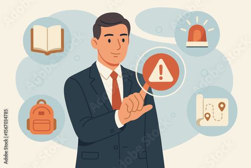 Emergency preparedness plan concept for business continuity. Man touching alert icon on virtual screen with survival guide, evacuation map, and go bag. Disaster recovery vector.