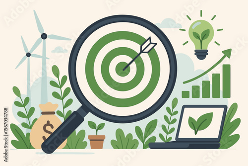 Green business and environmental protection concept. Magnifying glass on a target for sustainable development strategy. ESG and CSR goals for eco-friendly company growth and profit.