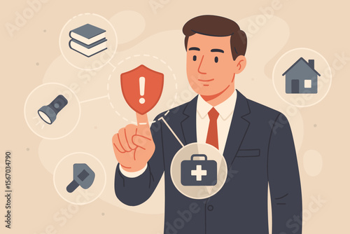 Emergency preparedness plan concept. Businessman touching virtual screen. Safety and security strategy. Disaster recovery and risk management. Survival guide icons for crisis situation.