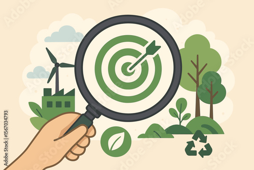 Environment target for green business concept. Magnifying glass focus on green goal. ESG and CSR strategy for sustainable development. Eco friendly industry and nature conservation.