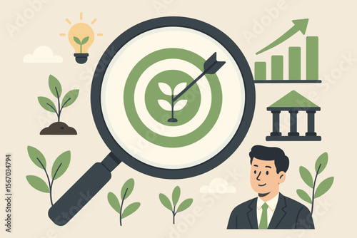 Sustainable Business Growth Target Concept, Magnifying Glass Focus on Green Goals, Environmental Strategy, Social Responsibility, Eco-Friendly Development, Green Innovation, Corporate Sustainability