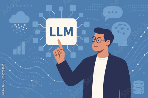 Large Language Model (LLM) Artificial Intelligence, Generative AI, Big Data, Data Transfer, Natural Language Processing, Data Mining, Man Interacting with Virtual AI Network, Machine Learning Concept