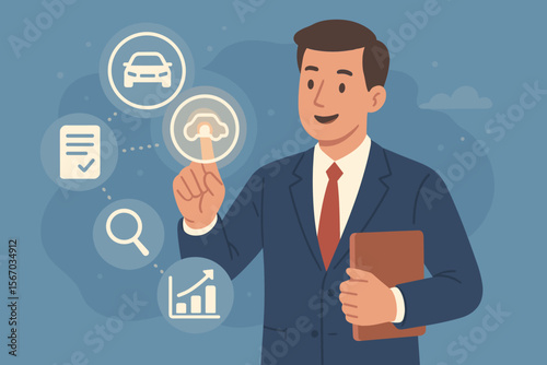 Leasing Business Concept, Businessman Touching Virtual Leasing Icon, Contract Management, Asset Finance Analysis, Lease Agreement Options, Digital Car Leasing, Financial Growth, Document Review