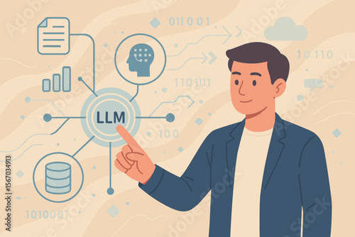 Large Language Model (LLM) Artificial Intelligence Concept, Generative AI, Big Data, Data Mining, Natural Language Processing, Data Transfer, Human Interacting with Virtual AI System