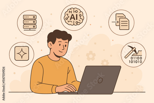 Large Language Model AI Concept, Person Working on Laptop, Generative AI, Big Data, Data Mining, Data Transfer, Natural Language Processing, Machine Learning, Digital Innovation, Technology Icons