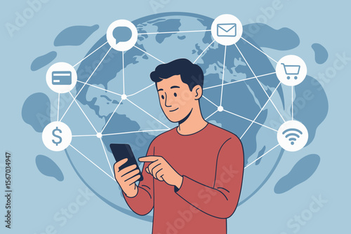 Global Digital Connectivity and Mobile Technology: Man Using Smartphone for Social Network, Online Banking, Financial Transactions, E-commerce, Wireless Communication, Data Exchange