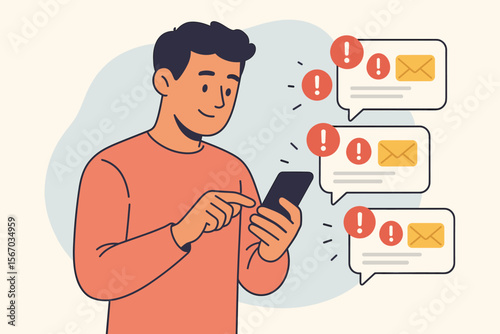 Man Receiving Multiple Notification Alerts on Smartphone, Urgent Message Reminders, Mobile Alert Concept, Modern Flat Vector Illustration, Digital Communication, Social Media, Technology, Stress