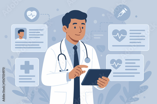 Digital Healthcare Concept: Doctor Using Tablet to Review Patient Medical Records, Virtual Health Data, Modern Medical Technology, Stethoscope, Online Consultation, Flat Vector Illustration