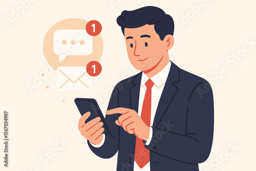 Businessman Receiving Notification Alerts on Smartphone, Unread Messages and Email, Mobile Communication, Office Worker, Digital Messaging, Modern Flat Vector Illustration