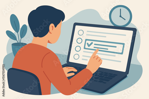 Online Exam and Education Assessment Concept. Student Taking Digital Test on Laptop. E-Learning, Remote Questionnaire, Evaluation, Multiple Choice, Distance Learning, Modern Flat Vector Illustration