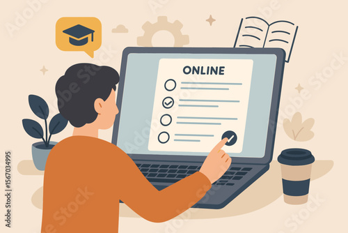 Online Exam and Education Assessment Concept, Student Taking Test on Laptop, E-Learning Questionnaire, Digital Evaluation, Remote Learning, Modern Flat Vector Illustration