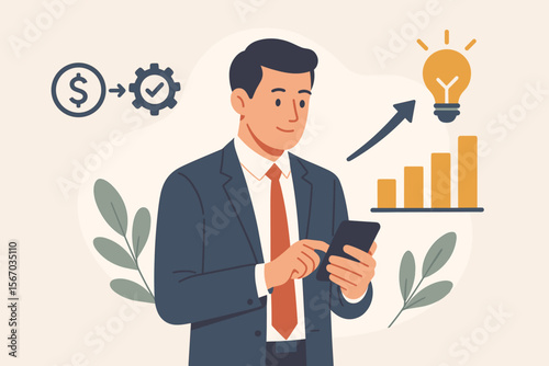 Business Productivity Growth, Lean Cost Efficiency, Industrial Management, Businessman Using Smartphone, Productivity Management Icons, Innovation, Financial Success, Workflow Optimization
