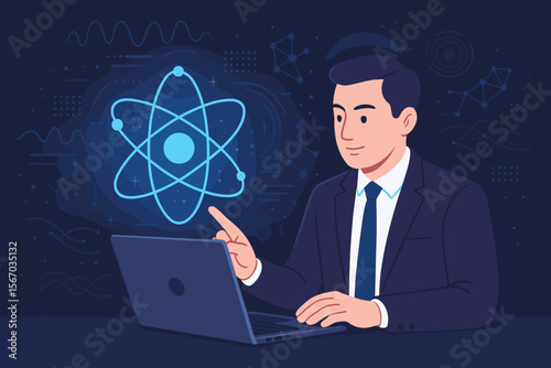Quantum Computing, Quantum Mechanics, Advanced Technology, Artificial Intelligence, Supercomputing, Businessman Using Laptop, Digital Atom Icon, Futuristic Science, Innovation, Data Analysis, Research