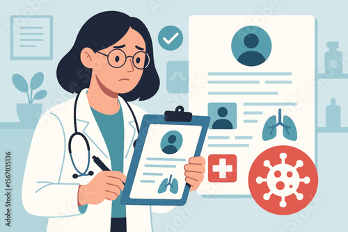Medical Diagnosis and Patient Report Analysis. Female Doctor with Stethoscope Reviewing Health Records, Lungs, Virus, Healthcare, Hospital, Clinical Examination, Flat Vector Illustration