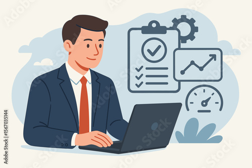 Service Level Agreement SLA Concept, Businessman with Laptop, Service Performance Tracking, KPI Dashboard, Checklist, Process Optimization, Customer Satisfaction, Virtual Interface, Business Analytics