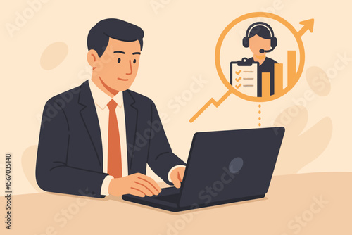 Service Level Agreement (SLA) Concept, Businessman Using Laptop, Service Performance Tracking, Customer Satisfaction, Virtual Support, KPI Monitoring, Business Process Optimization, Growth Analytics