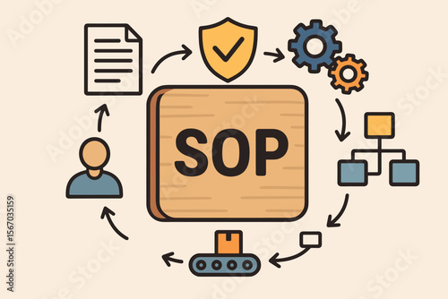 SOP Standard Operating Procedure Concept Icon, Workflow Process, Quality Assurance, Instruction, Operation Sequence, Compliance, Management, Business Documentation, Efficiency, Productivity, Teamwork