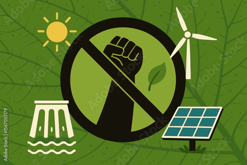 Protest Symbol Over Fist on Green Leaf Background with Renewable Energy Icons, Solar Panel, Wind Turbine, Hydropower, Sun, Sustainable Development, Environmental Activism, Modern Vector Illustration