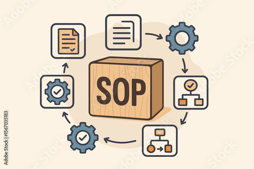 SOP Standard Operating Procedure Icon Wooden Block, Workflow Process, Quality Control, Instruction Checklist, Operation Sequence, Business Management, Compliance, Documentation, Procedure Flowchart