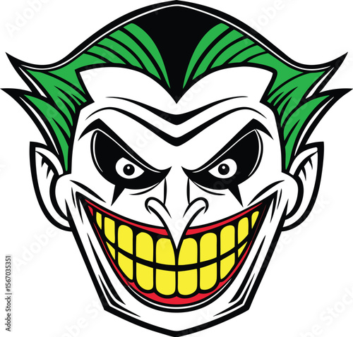 Stylized illustration of a menacing clown face with green hair and a wide sinister smile isolated on transparent background