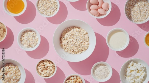 An overhead inspired depiction of shot of a breakfast table featuring various oat dishes. Pink background,