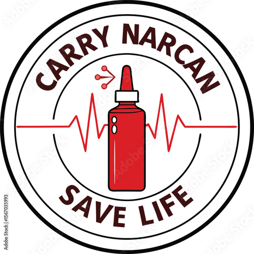 Carry narcan save life emblem with narcan nasal spray bottle and heartbeat line isolated on transparent background