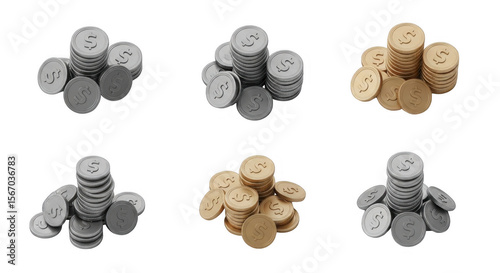 A Variety of Stacks of Coins in Different Colors for Financial and Business Concepts, isolated on a transparent background