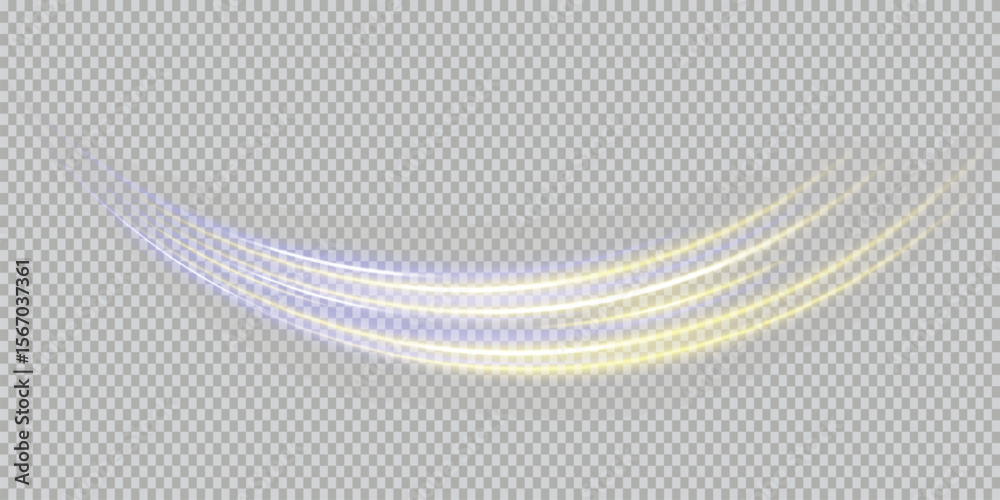 Obraz premium Realistic purple and golden light effect isolated on transparent background. Glowing neon flare, lens glow, sparkle, and burst—perfect for overlays, photo editing, web design, and visual effects