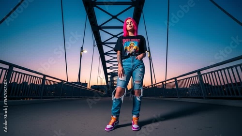 Stylish Woman on a Bridge at Sunset