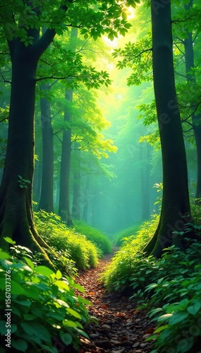Tranquil Sunlight Filtering Through Lush Green Forest Canopy Serene Nature Scene