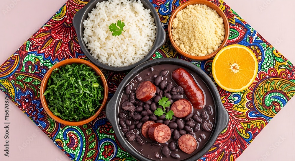 custom made wallpaper toronto digitalTraditional Brazilian Feijoada meal with rice kale sausage and orange slice on colorful fabric