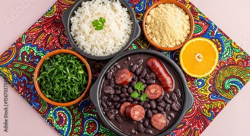 Wallpaper Mural Traditional Brazilian Feijoada meal with rice kale sausage and orange slice on colorful fabric Torontodigital.ca