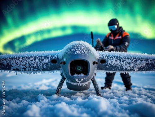 Drone, snow. Close-up of frost-covered UAV with ice crystals on sensors during polar testing, aurora borealis reflecting on matte black wings, scientist in thermal gear adjusting equipment.