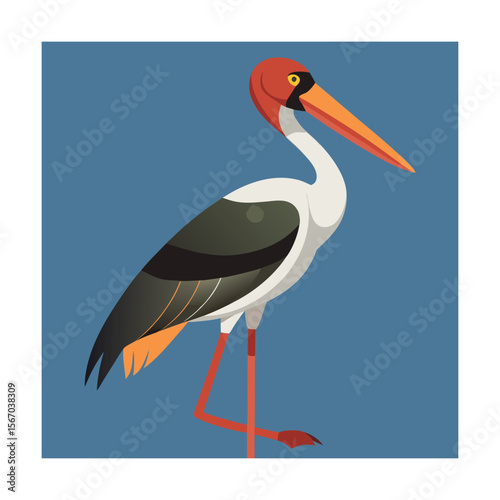 Colorful Saddle Billed Stork Flying Bird Art