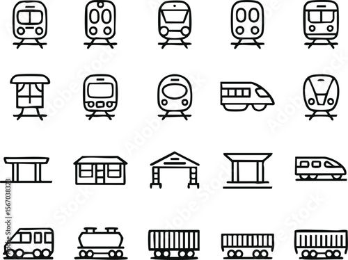 Collection of modern and classic train icons and railway station elements
