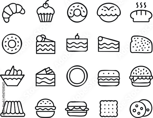 Collection of sweet and savory food icons including pastries burgers and desserts