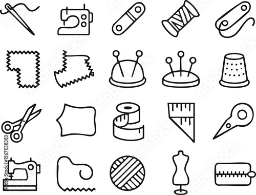 Collection of sewing and tailoring tools and accessories in a clean line art style