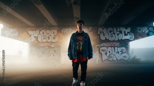 Urban Portrait: Young Man Stands Under Graffiti Bridge in Foggy Setting