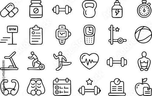Collection of fitness and gym icons representing health and exercise activities