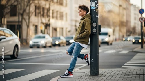 Urban Scene: Stylish Person Awaits at Crosswalk
